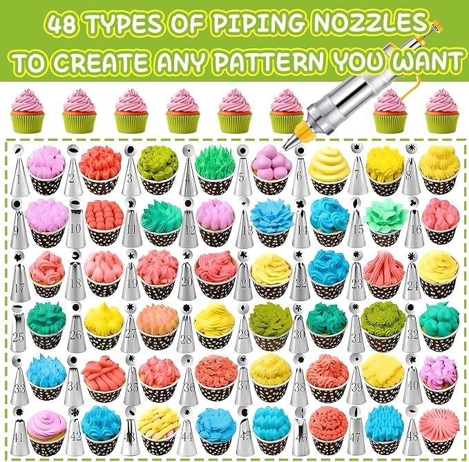 NOVANO Dessert Decorating Syringe Set, Yellow | Frosting Piping Kit, Stainless Steel, 54 Piping Tips, 9 Silicone Cupcakes