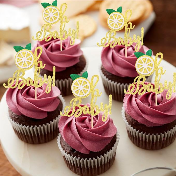24 PCS Lemon Oh Baby Cupcake Toppers Glitter Fruit Theme Oh Baby Lemonade Party Cupcake Picks for Lemon Theme Baby Shower Kids Boys Girls Birthday Party Cake Decorations Supplies Gold