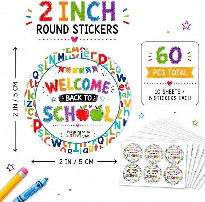 Back to School Stickers 60pcs, Welcome Back to School Round Sticker Labels for Teacher Gifts to Students, Classroom Rewards, First Day Treat Bags, Candy Bags, School Party Favors