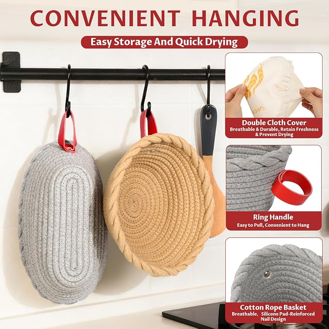 Cotton Rope Banneton Bread Proofing Basket Set, 10" Oval & 9" Round Baskets with Liners & Covers for Perfect Artisan & Sourdough Bread Baking at Home
