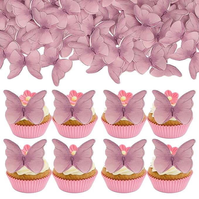 Gyufise 48pcs Butterfly Cake Decorations - Edible Wafer Paper Butterflies & Cupcake Toppers in Pink