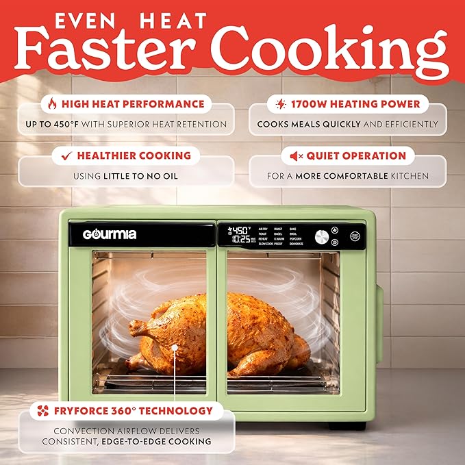 Gourmia French Door Air Fryer Oven - 37 Qt Large Capacity Convection Toaster Oven, FryForce 360°, Digital Display, 12 Cooking Presets, Dehydrate, Fits 13” Pizza, Dishwasher-Safe, Green