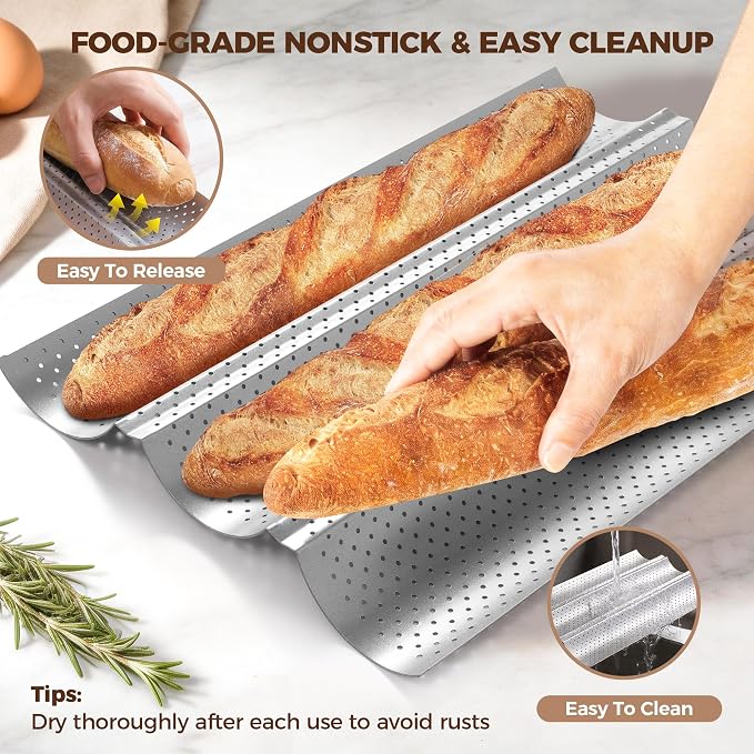Baguette Bread Pan, Premium Nonstick Perforated French Bread Baguette Baking Pan, 3 Loaves Baguette Tray for Sourdough, Italian Bread, Sub Roll, Perfect for Creating Crisp Golden-Brown Crust