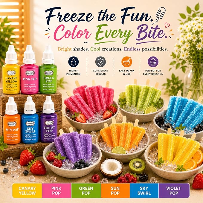 Confect Party Brights Water Color Food Coloring Set – Highly Pigmented Oil Based Food Colors for Cakes, Buttercream, Drinks, Popsicles & Baking – 6 Pack × 10mL