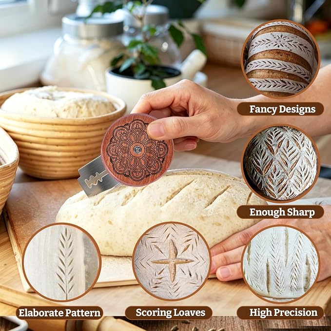 UFO Bread Lame Set for Sourdough,Wooden Bread Scoring Tool for Homemade Sourdough Gifts for Bread Baker with 15 Blades and Leather Storage Cover,Lame Cutter Scoring Knife for Baking-Rosette