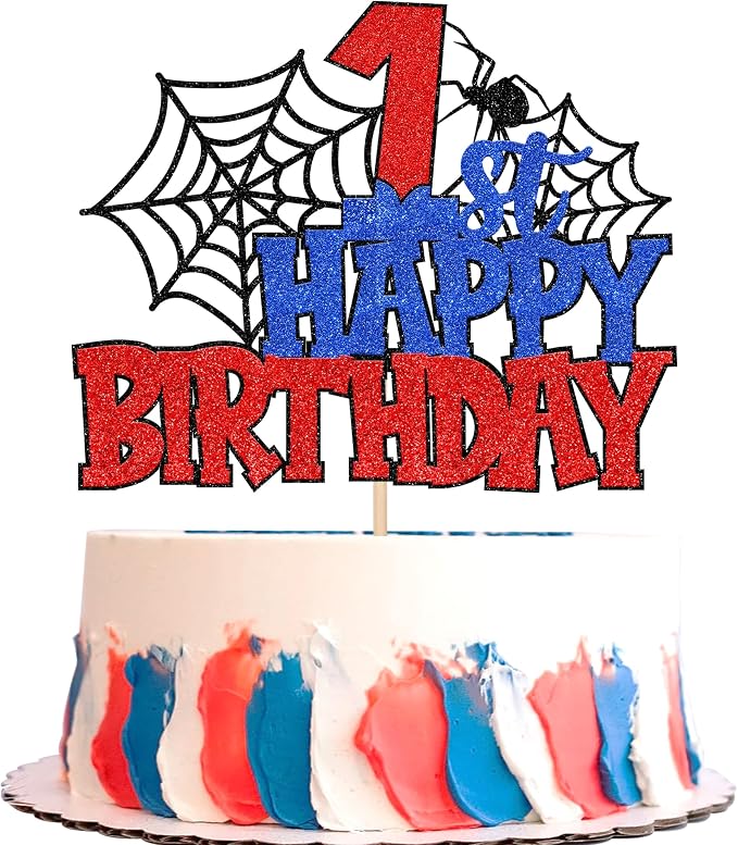 1 PCS Happy 1st Birthday Cake Topper Glitter Spider Web First Birthday Cake Pick Superhero Spider Party Decorations for Baby Shower Boys Girls 1st Birthday Party Cake Decorations Supplies