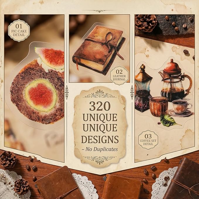 320Pcs Vintage Food Stickers, Transparent PET Waterproof Dessert Coffee Cake Stickers for Scrapbooking, Journaling, Planners, Laptops and Water Bottles (Baking Style)
