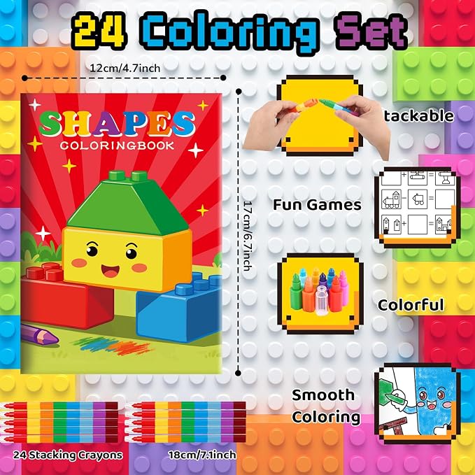 BenLouis 24 Building Block Mini Coloring Books Kids with 24 Stacking Crayons Geometric Shapes Party Favors Activity Books Bulk for Kids Building Goodie Bag Gift Stuffer Classroom Reward