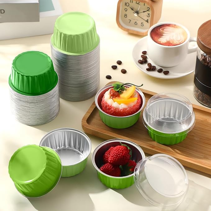 200 Pack Aluminum Foil Cupcake Liners with Lids, 5 oz Round Baking Cup, Disposable Ramekin Container for Graduation Wedding Independence Day Party(Green Set,Plain)