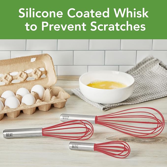 Tovolo Whisk 9 Inch Heavy Duty Silicone Wire Stainless Steel Whisker for Cooking Baking Blending Mixing Stirring Whipping Whisking, Dishwasher Safe Classic French Wire Whisk, Cayenne Red