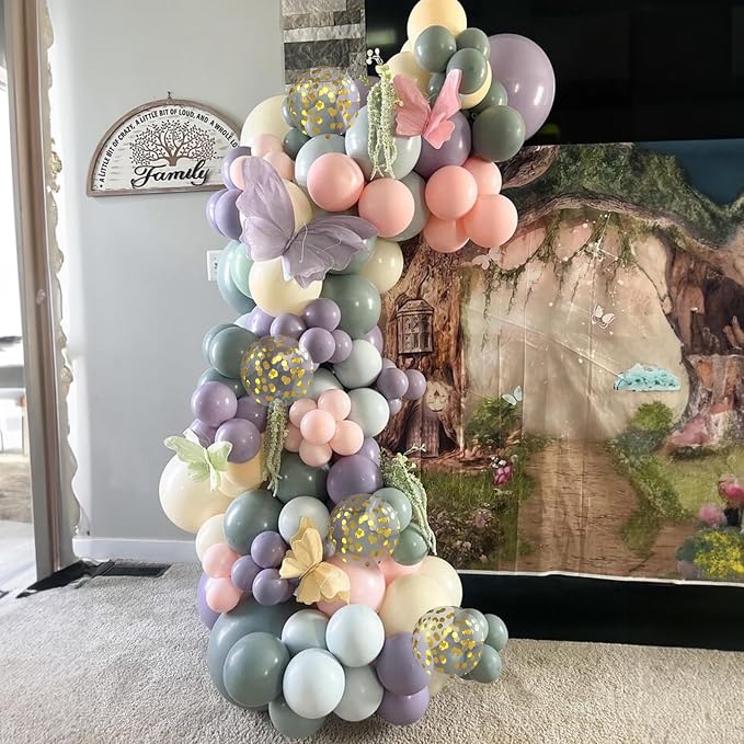 Dusty Green Purple Pink Balloon Arch Kit, Fairy Wildflower Balloon Garland Sage Green Blush Pink Lavender Purple Gold Balloons for Flower Floral Graduation Wonderland Baby Shower Birthday Party Decor