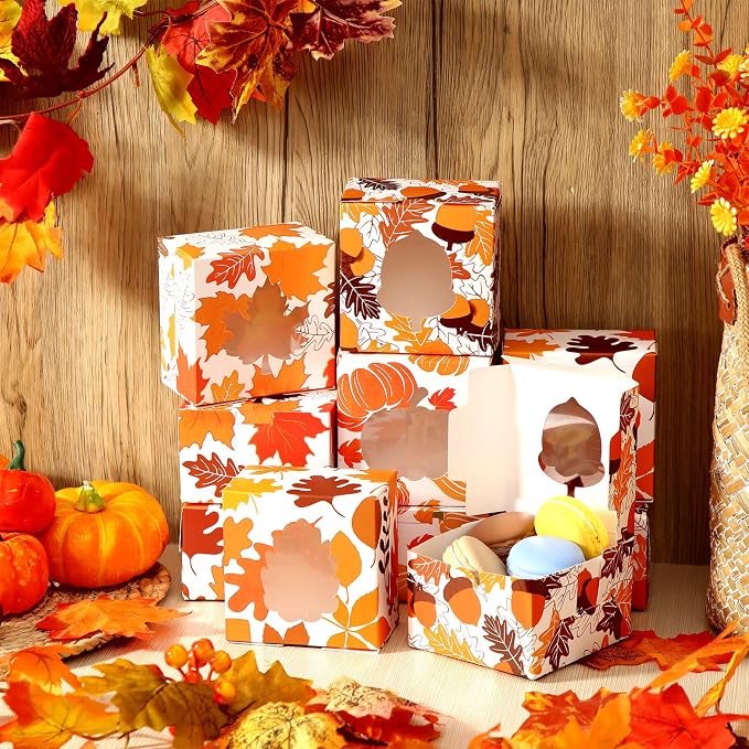 Dispowreath 24 Pcs Fall Treat Boxes with Window Yellow Maple Leaf Pumpkin Printed Candy Cookie Boxes Paper Gift Container Autumn Party Favor for Thanksgiving Fall Cookie Goodie Candy Party