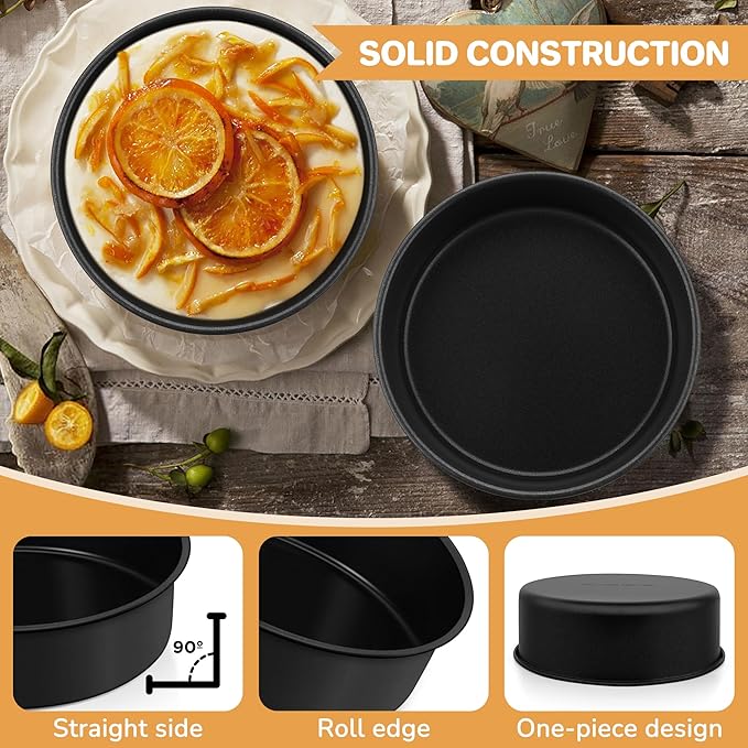 E-far 6x2 Inch Cake Pans Set, 2 Pieces Nonstick Round Cake Pans Tins for Baking Small Birthday Wedding Layer Smash Cakes, Stainless Steel Core & Nontoxic Coating, Straight Side(Black)