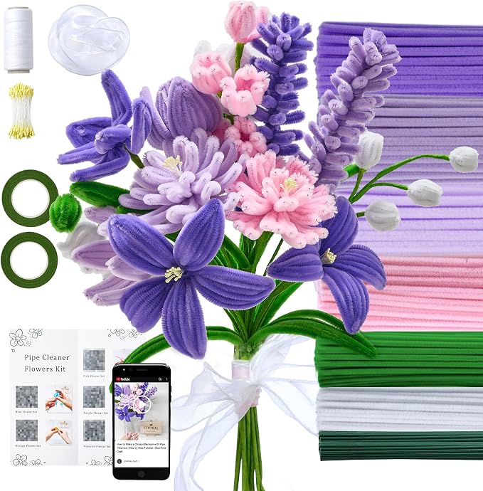 LENYNAL 500 Pcs Pastel Pipe Cleaners Bulk Craft, Purple Pipe Cleaner Flower Kit, Glue-Free & Safe for Kids, Step-by-Step Tutorial, 6 Colors Chenille Stems for Flower Making