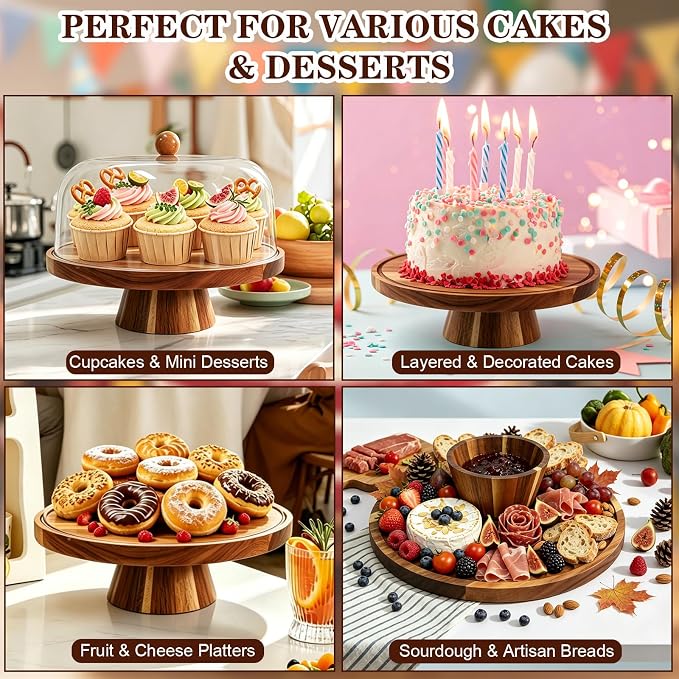 Acacia Wood Cake Stand with Lid, 11.42-inch Round Footed Display, 2-in-1 Reversible Design for Cupcakes, Charcuterie, Fruit Snacks, Weddings, Parties, Birthdays, Daily Home & Kitchen Decor
