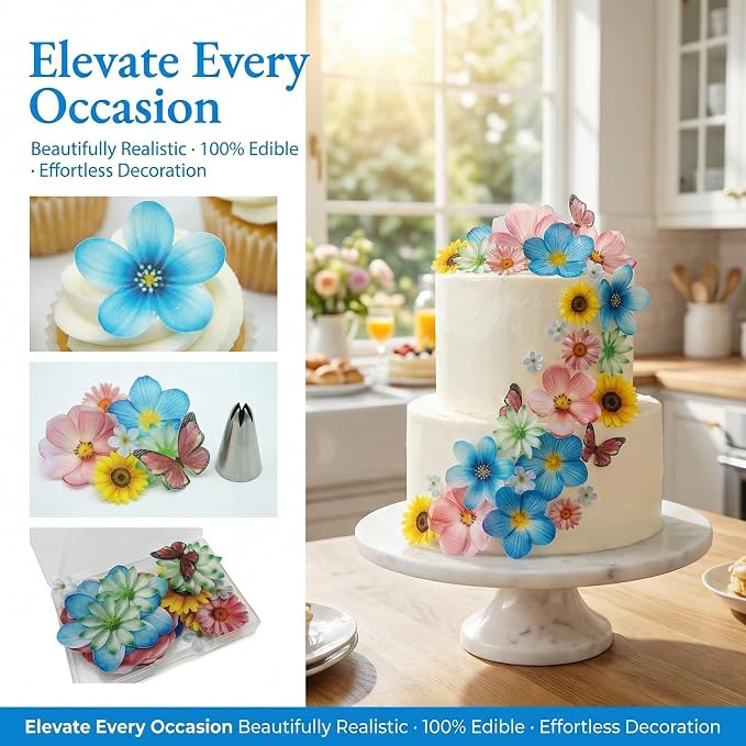 Set of 55 Edible Flowers & Butterflies Cupcake Toppers Wedding Cake Party Food Decoration Mixed Size & Colour for Anniversary (Flower Butterfly)