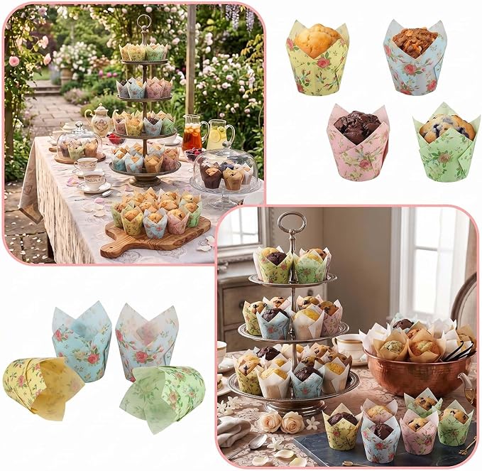 200 Pcs Floral Tulip Cupcake Liners for Baking, Color with Wildflowers | Standard Greaseproof Tulip Muffin Liners for Baking, 3oz Paper Cupcake Wrappers for Party Wedding Birthday