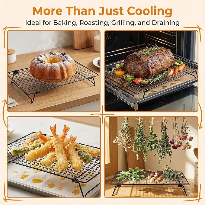 4 Pcs Cooling Racks for Cooking and Baking, 13.4 x 9.4 Inch Carbon Steel Cookie Cooling Racks, Stackable Baking Rack for Oven Cooking Cooling Roasting Making Jerky (Black)