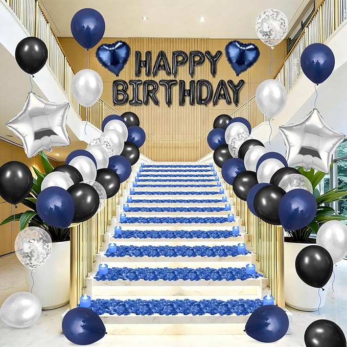 Blue Black Happy Birthday Balloons Decorations Navy Blue Black Birthday Balloon Letters Banner with Star Heart Balloons Artificial Rose Petals 24 Flameless LED Candles for Birthday Party Supplies