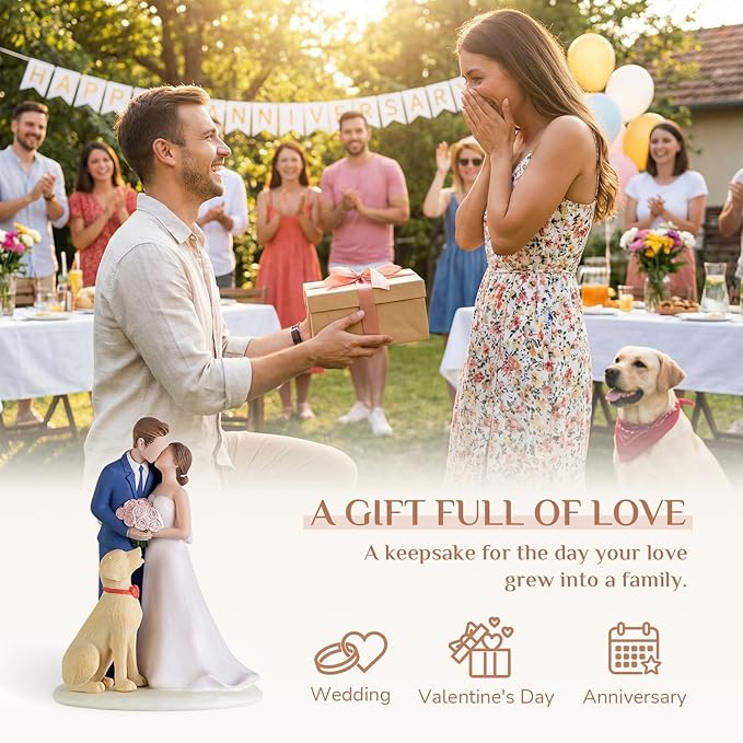 Storieme Bride Groom Cake Topper: Couple and Pet Dog Resin Figurine with Secure Base - Newlyweds Family Gifts for Wedding Anniversary & Engagement