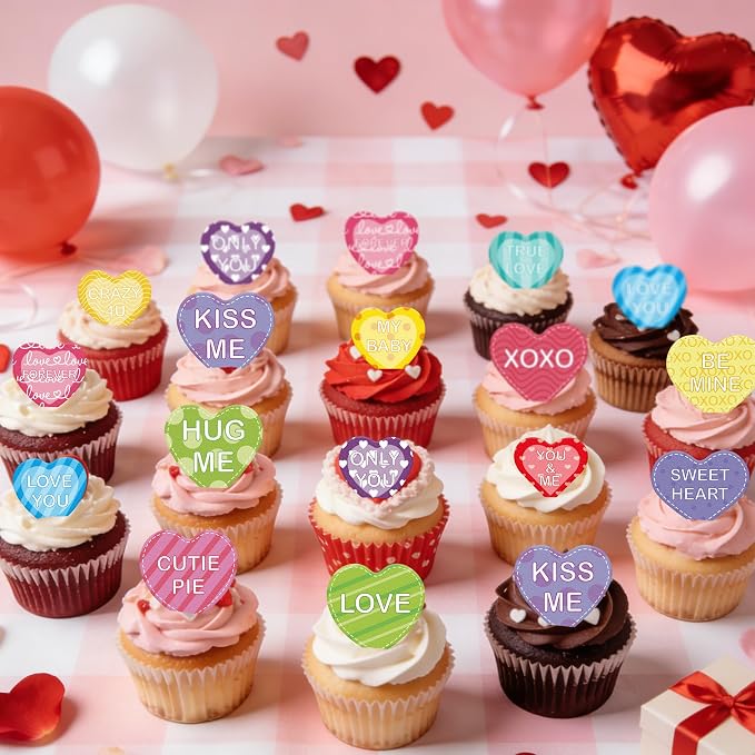56PCS Edible Heart Cupcake Toppers Wafer Paper Sweet Love Be Mine Kiss Me Heart Cupcake Picks Colorful Heart Cake Decor for Valentine's Day Theme Party Decoration Supplies
