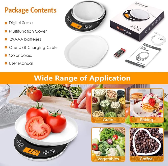 UNIWEIGH Smart Digital Food Scale Grams and Ounces Kitchen Scale 0.1g/3kg | Scale with Nutritional Calculator,Food Weight Scale for Weight Loss,Keto, Macro,Calorie,Meal Prep,6 units,LCD display