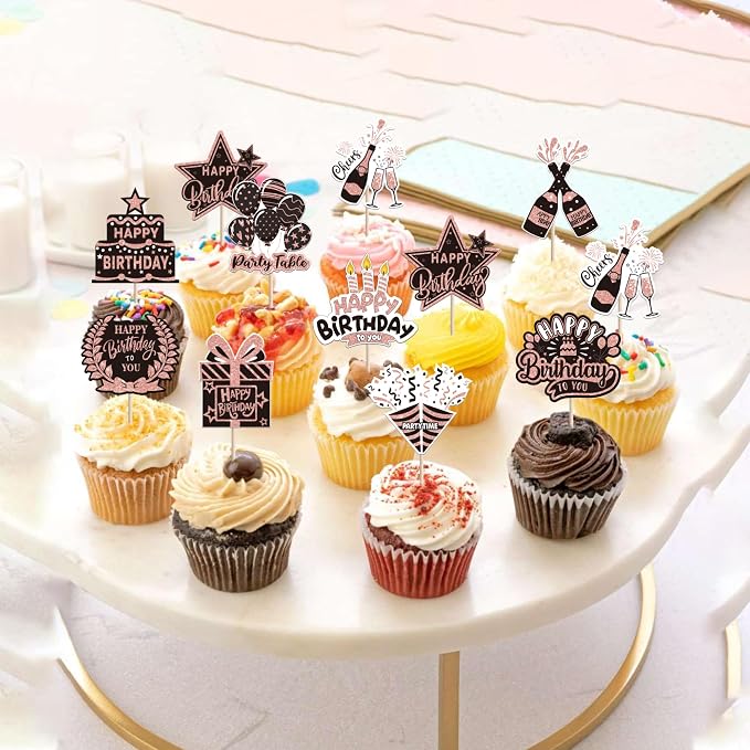 40 PCS Happy Birthday Cupcake Toppers Double Sided Balloon Star Cheers Party Time Happy Birthday Cupcake Picks for Celebrating Anniversary Theme Party Cake Decorations Supplies Black Rose Gold