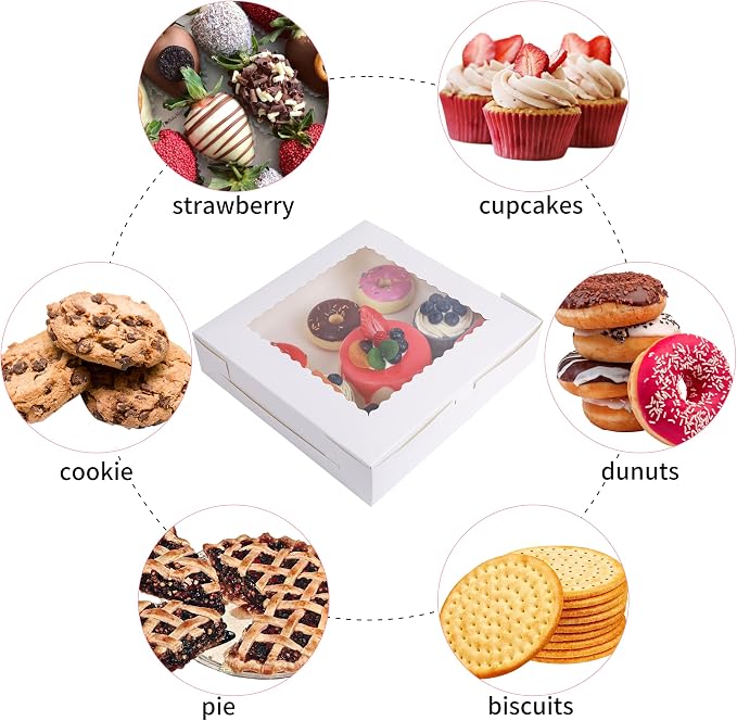 White Pie Boxes with Flip Cover,20pcs with Window,10x10x2.5 Inches Auto-Popup Bakery Boxes,Desserts,Chocolate Covered Strawberries,Macarons,Muffins,Pastry,Donuts
