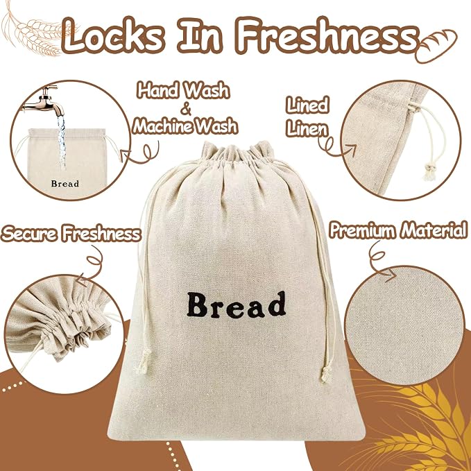 Reusable Bread Bags for Homemade, 12 x 15 Inch Linen Sourdough Bread Bags (6 Pieces) for Homemade Loaves & Pastries, Baking Gifts & Baking Supplies for Home Bakers, Stay Fresh Unbleached and Reusable