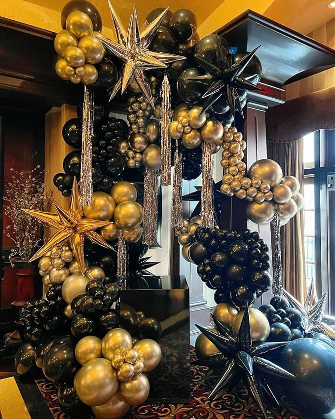 Black and Gold Balloon Arch Kit, 140Pcs Explosion Star Black and Metallic Gold Balloons 22 18 12 10 5 Inch Different Size Balloons for Birthday Anniversary Graduation New Year Decorations