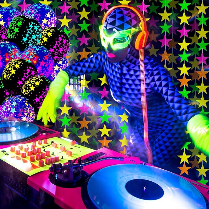 Skylety 32 Pcs Glow in The Dark Party Supplies Neon Party Favors with 25 Fluorescent Balloon 6 Rolls 98.4 ft UV Blacklight Luminous Tape 14.4 ft Neon Streamer Garland for Adults(Bright Star)
