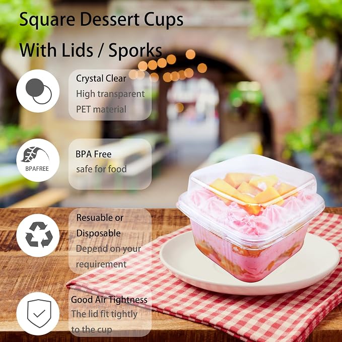 100 Pack 8OZ Plastic 50Pcs Square Dessert Cups with Lids and 50Pcs Spoons,Square Ice Cream Container with Forks, Disposable Parfait Cups for Mousse Cupcake Pudding Snacks Yogurt Parfait Fruits（50Sets）