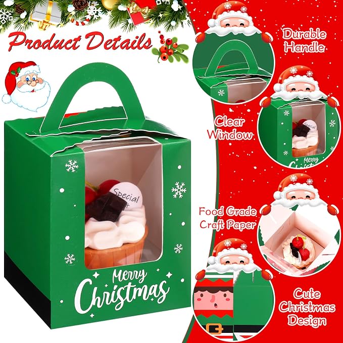 TaoBary 24 Pcs Christmas Cupcake Boxes Xmas Individual Cupcake Box Christmas Cookie Boxes with Window Insert Handle Muffin Pastry Holder Bakery Treat Box for X-mas Party(Snowman)