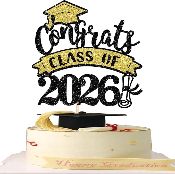 1 Pack Congrats Class of 2026 Cake Topper with Gold Black Glitter Diploma Graduation Cap Cake Pick Contrats Class of 2026 Cake Decorations for 2026 Graduation Theme High School Boys Girls