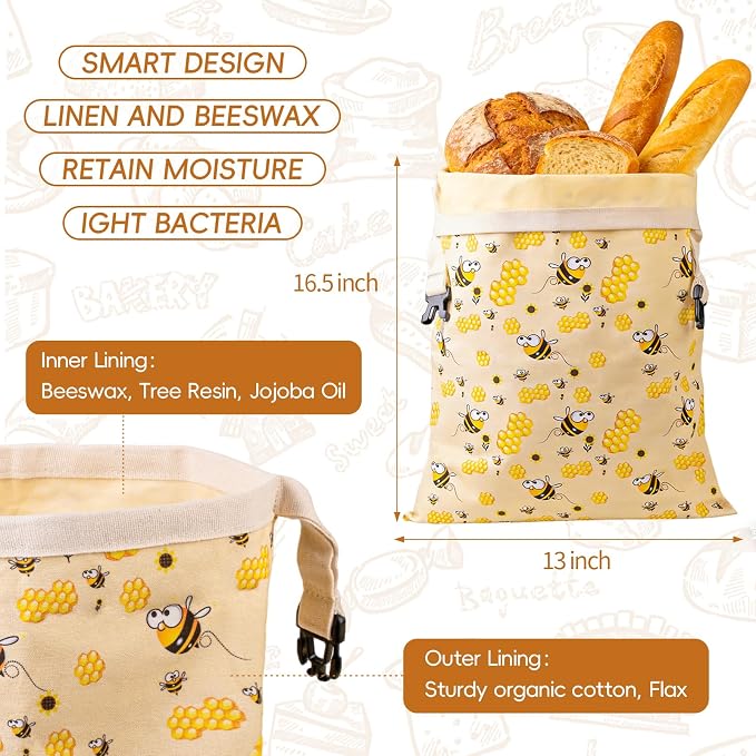 2 Pack Beeswax Bread Bags for Sourdough, Reusable Cotton Linen Bread Storage Bags for Homemade Bread, XL 17'' x 13'', Roll-Up Closure, Freezer Safe