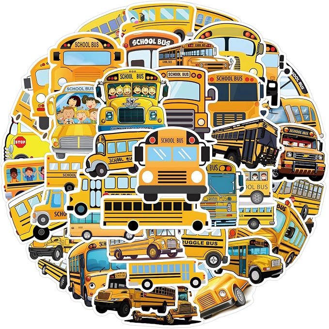 55Pcs School Bus Stickers, Yellow Bus Vinyl Decals for Water Bottles, Laptops, Luggage, Scrapbooks, Journals & Themed Decor (School Bus)