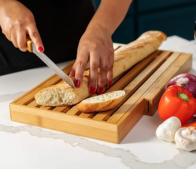 BAMBOO LAND- Large Bamboo Bread Cutting Board with Crumb Tray with Large Bread Knife, Bread Serving Tray for Kitchen