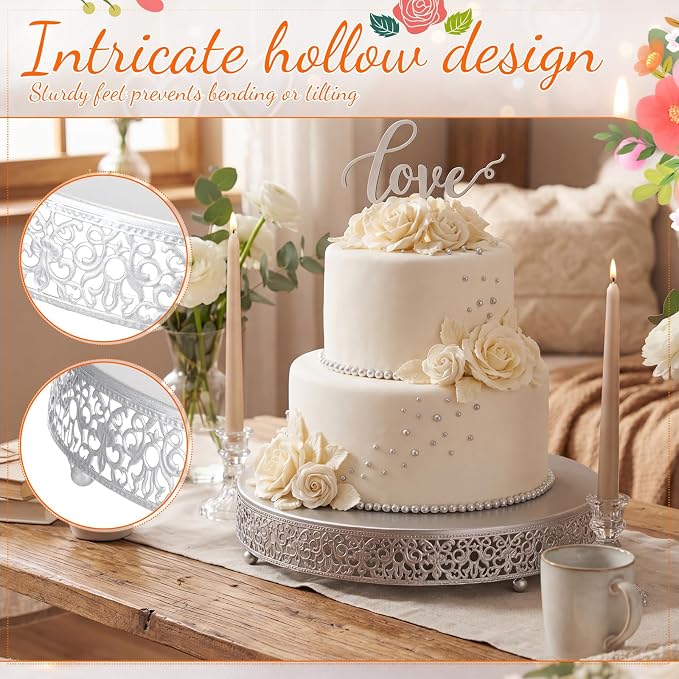 Wenqik 2 Pack Cake Stand Set, 14/16 Inch Metal Round Cupcake Dessert Stand Decorative Elegant Cake Display for Weddings Party Birthday Baby Showers Anniversary(Floral Lace,Silver)