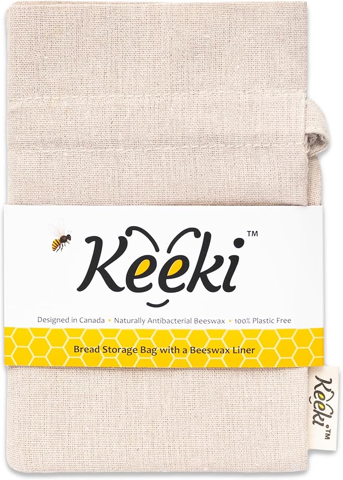 Keeki Bag - The Original Beeswax-Lined Bread Storage Bag (Natural) | Plastic-free Beeswax Wrap Alternative w/ Wide Drawstring Closure, Breathable, Washable Linen for Homemade Artisan Bread