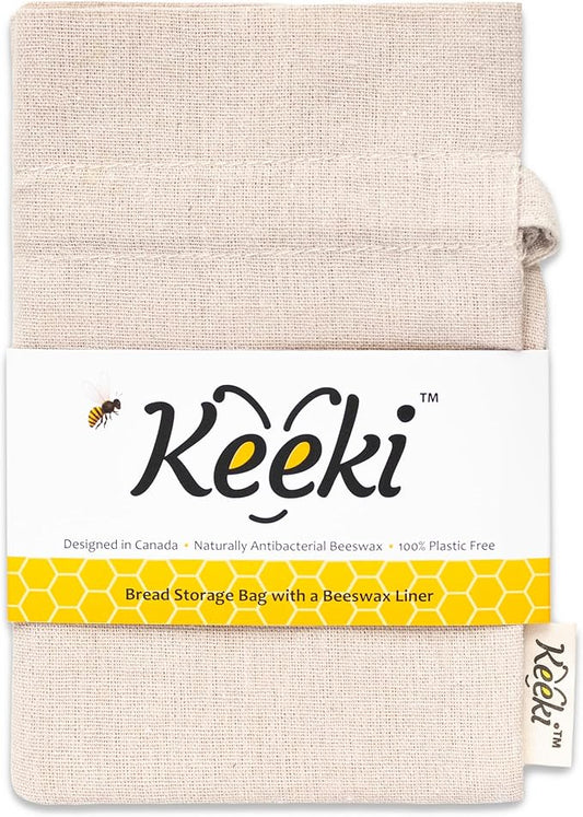 Keeki Bag - The Original Beeswax-Lined Bread Storage Bag (Natural) | Plastic-free Beeswax Wrap Alternative w/ Wide Drawstring Closure, Breathable, Washable Linen for Homemade Artisan Bread
