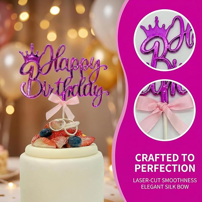 Elegant Acrylic Birthday Cake Topper with Crown & Bow Design - Reusable Decoration for Party, Wedding, Baby Shower (Purple)