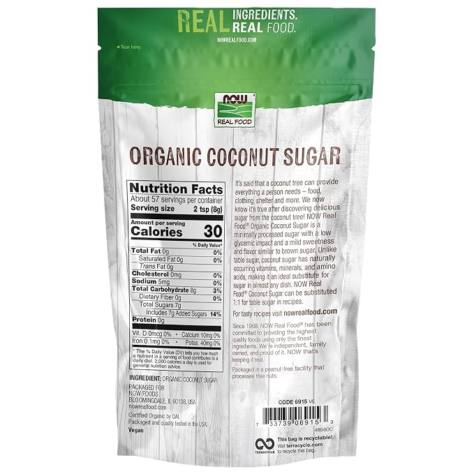 NOW Foods, Certified Organic Coconut Sugar, Alternative to Table Sugar, Low Glycemic Impact, from Sustainably Harvested Coconuts, Certified Non-GMO, 16-Ounce (Packaging May Vary)