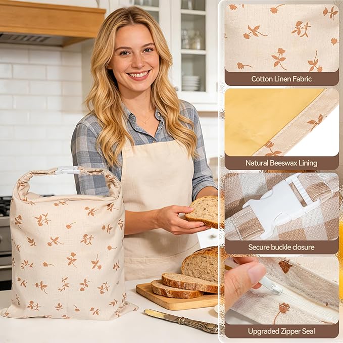 Beeswax Bread Bags for Sourdough, 2 pcs XL Zipper Reusable Bread Bags for Homemade Bread Soudough, Natural Cotton Linen Food Storage Bag for Picnics, Pantry, Long-Lasting Freshness (Rose Pattern)