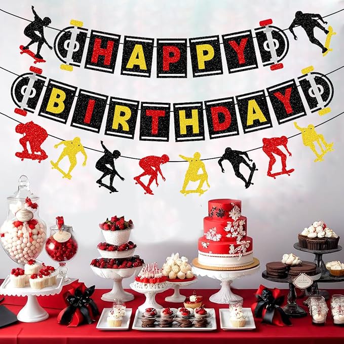 Zwiebeco Black Red Yellow Skateboard Happy Birthday Banner Bunting Hanging Paper Garland Party Decorations for Skater Boys Girls Kids Adults Sports Themed Bday Decor Accessories Supplies