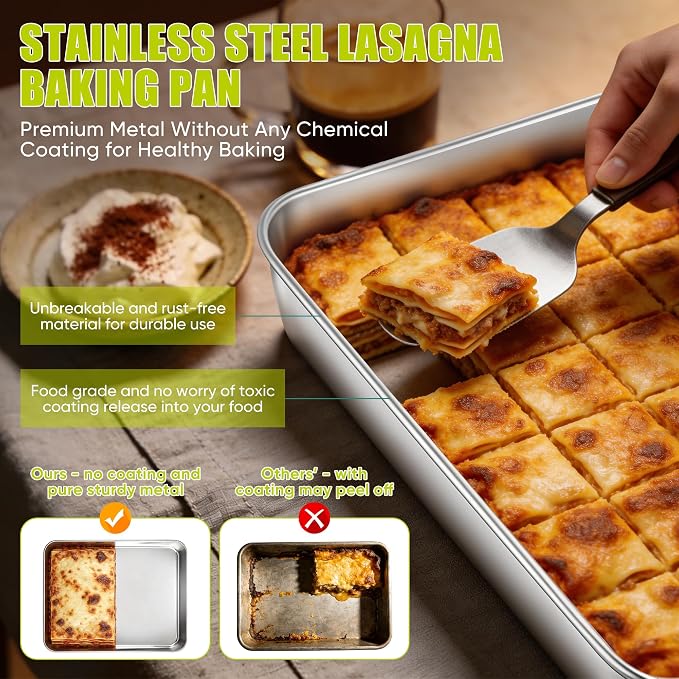 E-far Lasagna Pan with Lid, Stainless Steel Rectangular Cake Baking Pan with Cover, 12⅓x9¾x2 Inch Metal Bakeware Brownie Casserole Oven Tray Sheet, Deep Side & Heavy Duty, Anti-Rust & Dishwasher Safe