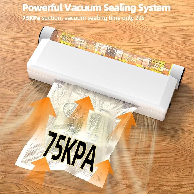 Compact Vacuum Sealer Machine, 75KPA Strong Suction, LED Digital Timer Display, Dual Use for Dry & Wet Foods, Includes 20 Bags, Ideal for Home Kitchen Use, White