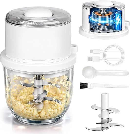 Mini Portable Chopper, Electric Garlic Chopper with Secure 6 Stainless Steel Blades & 350ML Glass Bowl, Cordless Mini Food Processor, 60+ Uses Per Charge for Kitchen, RV & Camping (White)