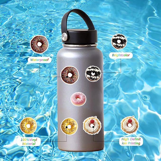 Donut Stickers,50 PCS Doughnut Food Themed Waterproof Sticker Vinyl Decals Supplies Favors Party Decor Water Bottles Laptop Phone Helmet Scrapbooks Gifts Birthday