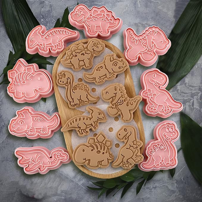 Dinosaur Cookie Cutters With Plunger Stampers Set,8 Piece 3D Dinosaur Embossing Cutters For Biscuit Fondant Cheese Baking