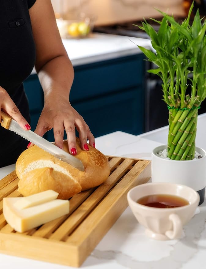 BAMBOO LAND- Large Bamboo Bread Cutting Board with Crumb Tray with Large Bread Knife, Bread Serving Tray for Kitchen